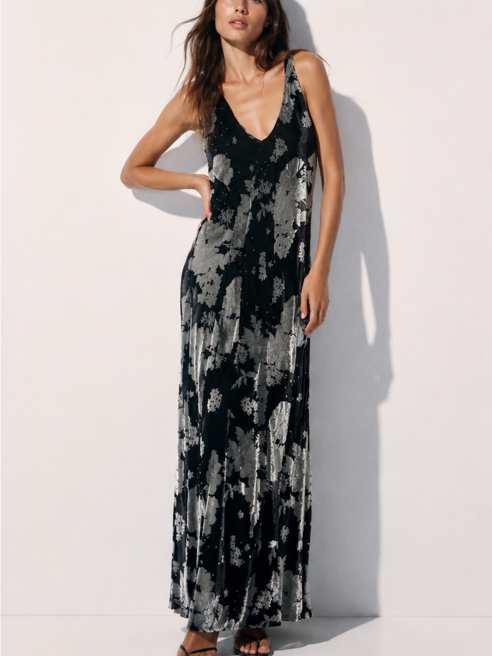 Zara Black Maxi Dress with Silver Floral Print